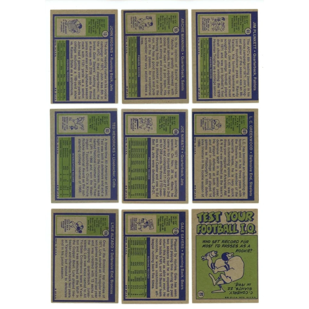 Uncut sheet of nine vintage Topps Football Low Number Set trading cards featuring Hall of Famers