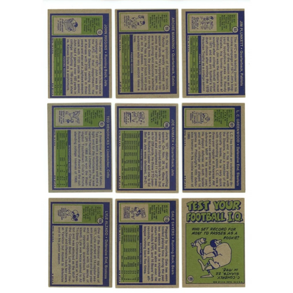 Uncut sheet of nine vintage Topps Football Low Number Set trading cards featuring Hall of Famers