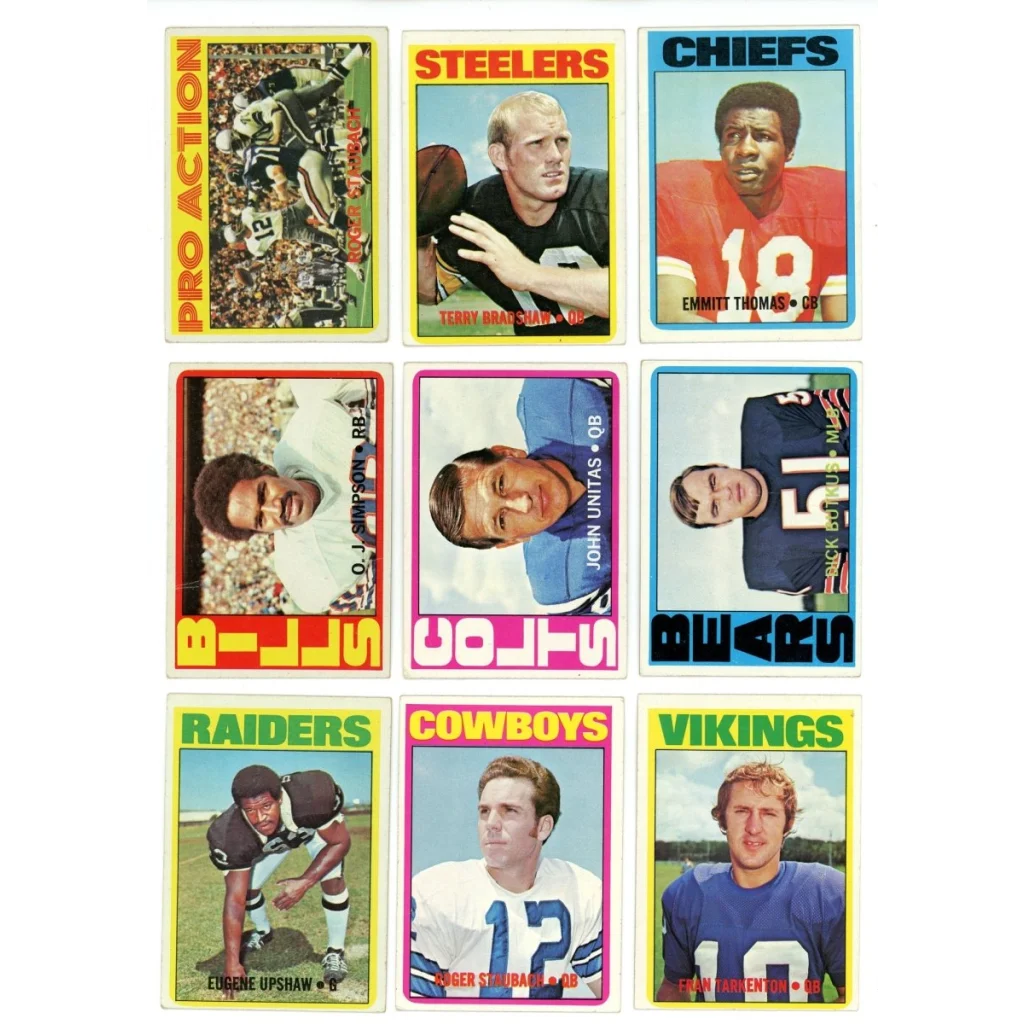 Vintage American football trading cards from the 1972 Topps Football Low Number Set Break