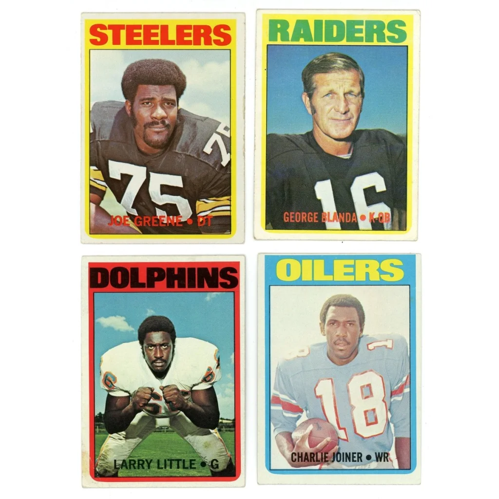 Four vintage Topps Football Low trading cards from the 1972 Low Number Set Break box