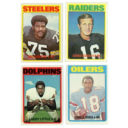 Four vintage Topps Football Low trading cards from the 1972 Low Number Set Break box