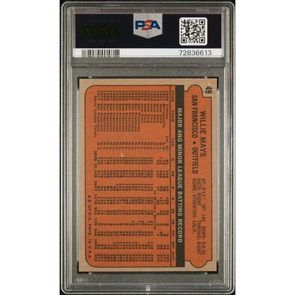 1972 Topps Willie Mays baseball card with orange black design and player stats