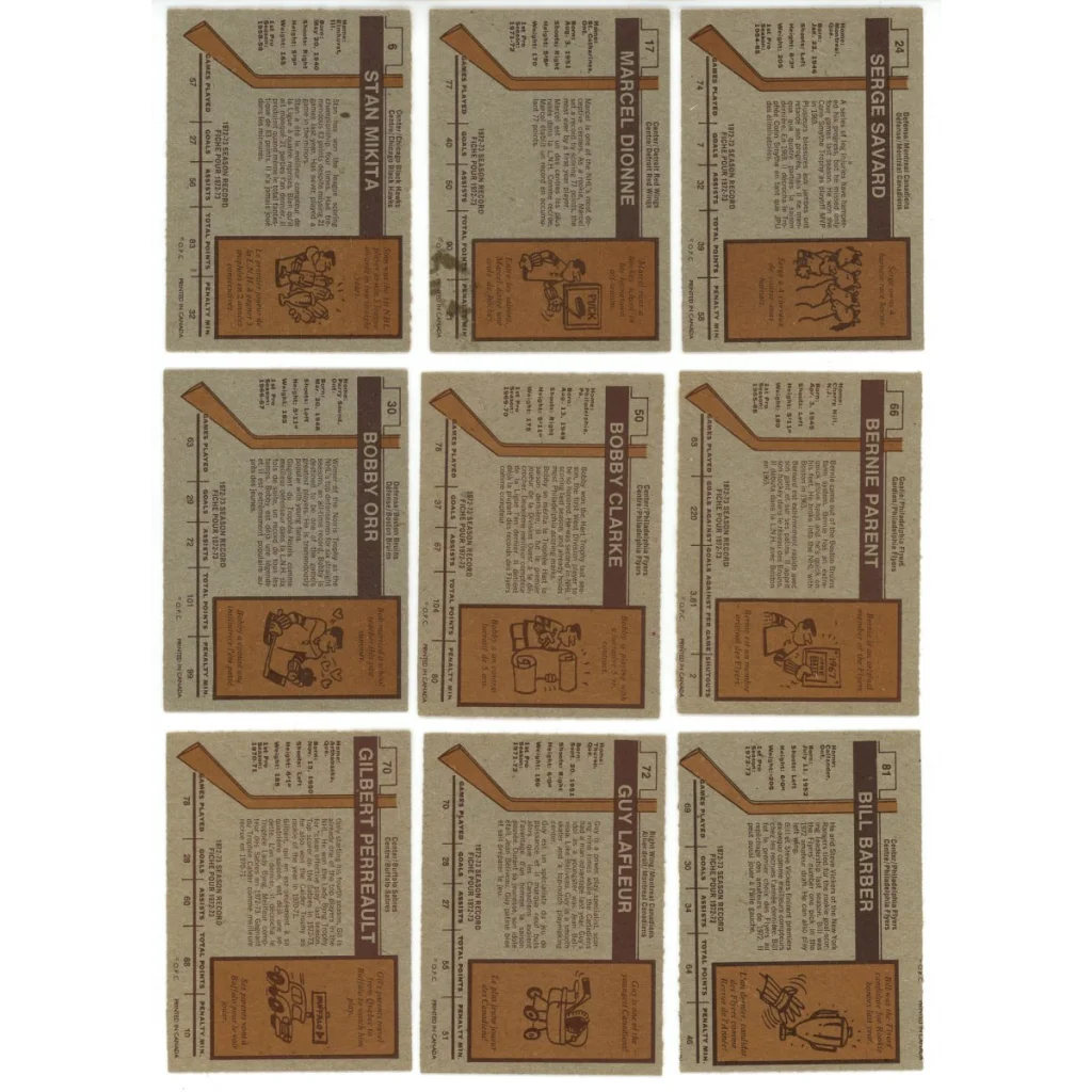 Vintage hockey trading cards from the 1973 O-Pee-Chee hockey complete set break featuring Hall of Famers