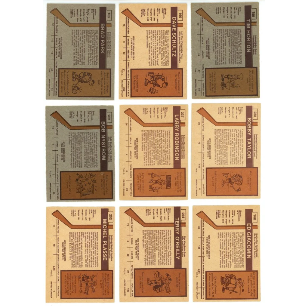 Vintage hockey trading cards from 1973 O-Pee-Chee complete set break featuring Hall of Famers