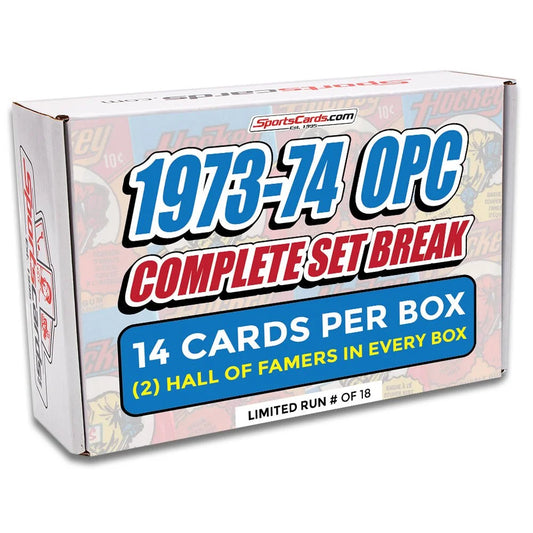 White box with blue and red text for 1973 O-Pee-Chee hockey complete set break