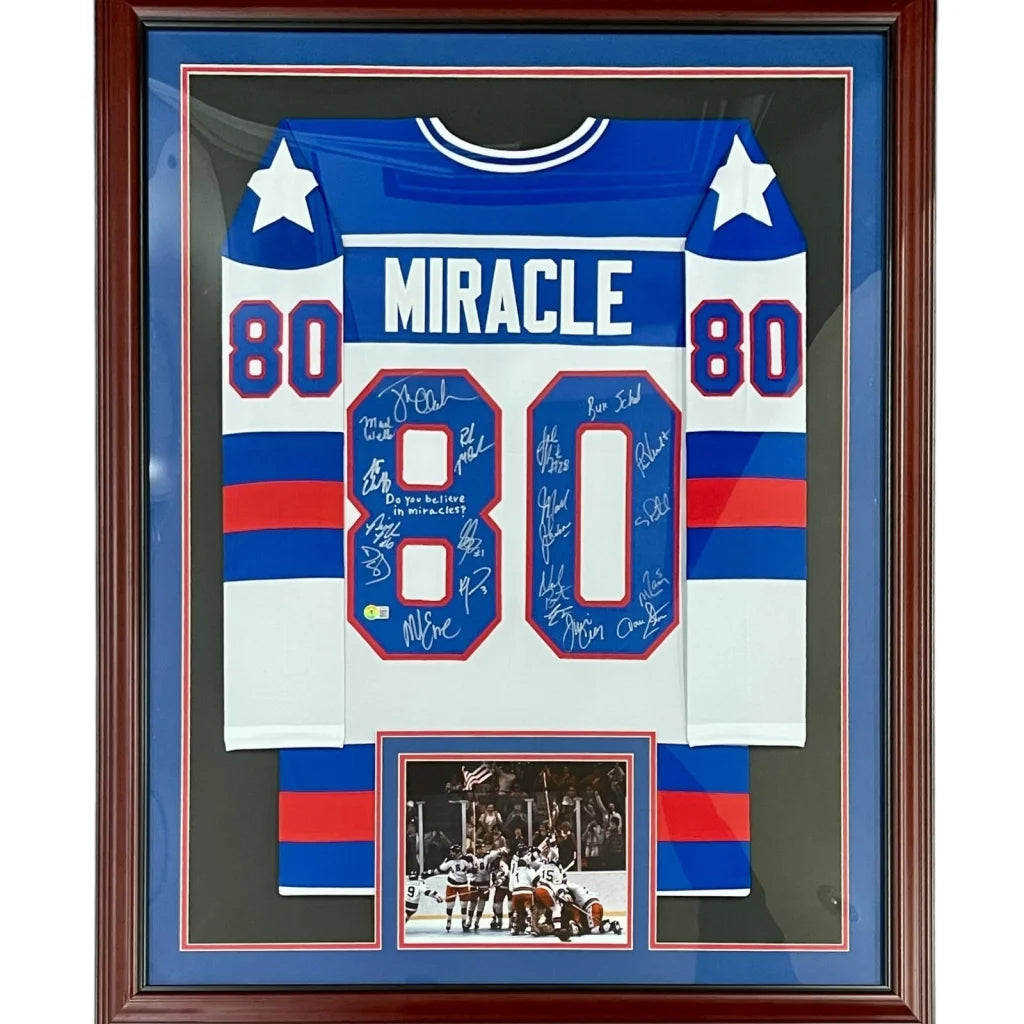 1980 Miracle on Ice deluxe framed jersey with stars and stripes design