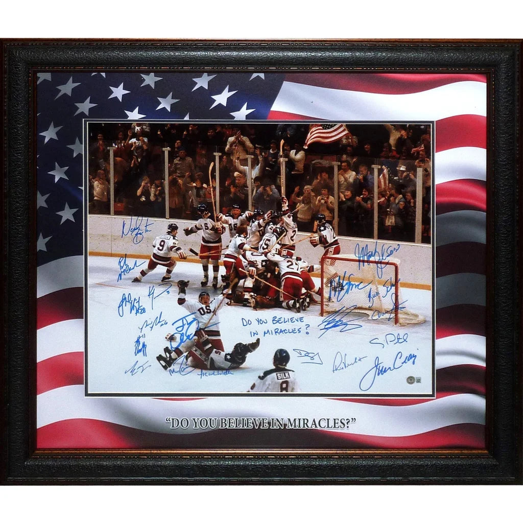 Framed 20x24 photo of 1980 U.S. Olympic Hockey Team Miracle on Ice celebration