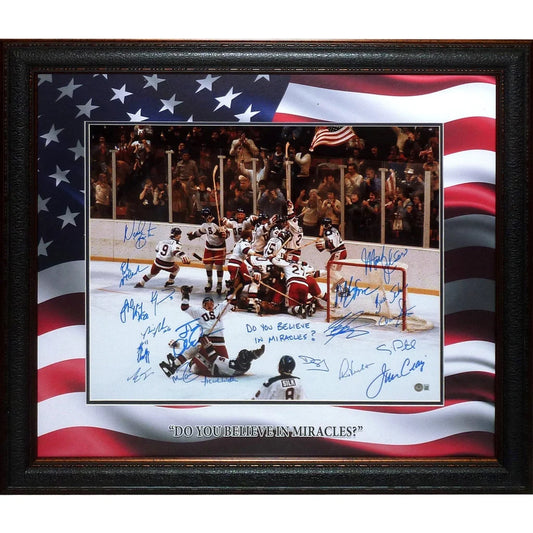 Framed 20x24 photo of 1980 U.S. Olympic Hockey Team Miracle on Ice celebration