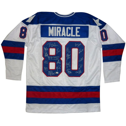 Autographed 1980 Olympic Hockey Team USA White #80 Jersey with Miracle on Ice and 18 team member signatures