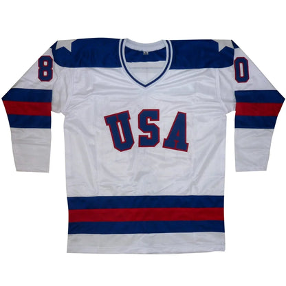 1980 U.S. Olympic Hockey Team autographed white jersey with team member signatures