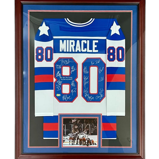 1980 U.S. Olympic Hockey Team deluxe framed jersey with miracle on ice signatures