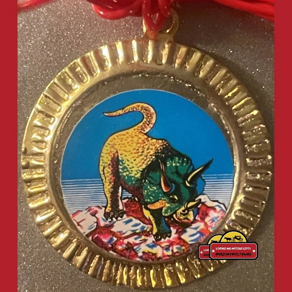 Ornate gold medal showcasing a colorful Triceratops on blue for vintage tin dinosaur charm