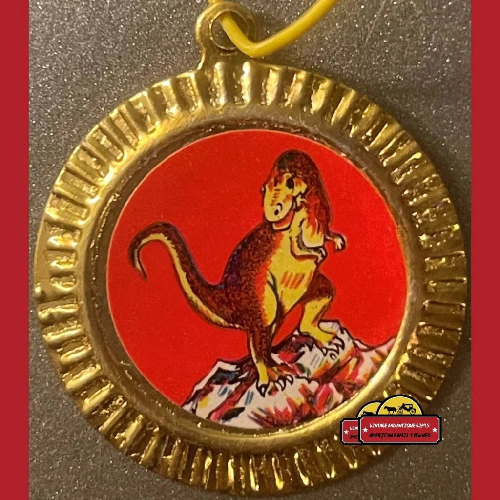 Vintage tin dinosaur medallion on a red background, perfect antique gift