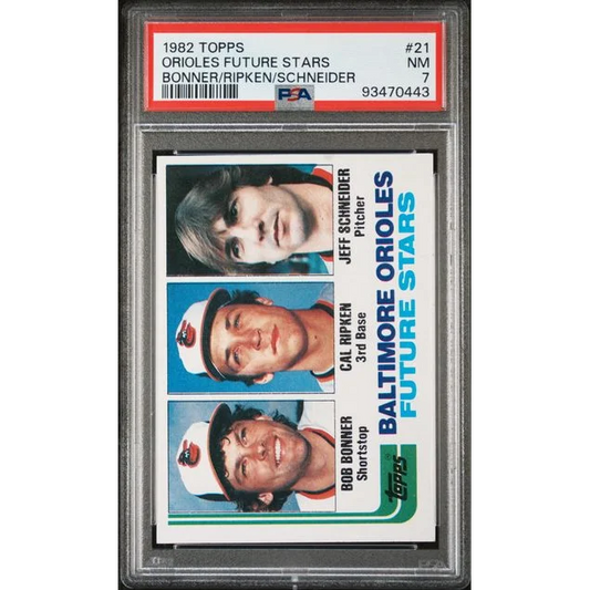 1982 Topps Cal Ripken Jr Rookie Card PSA graded with Jeff Schneider and Bob Bonner