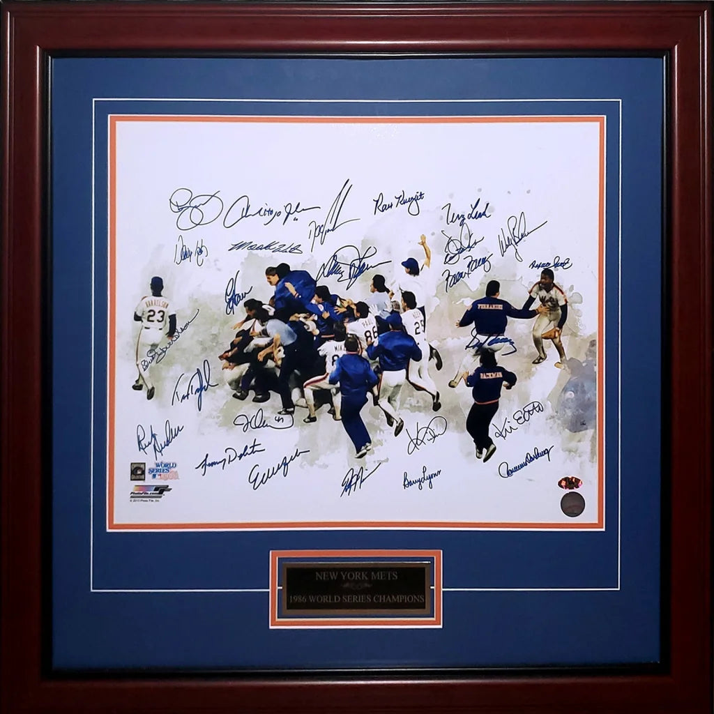 Deluxe framed 16x20 New York Mets team autographed 1986 World Series photo