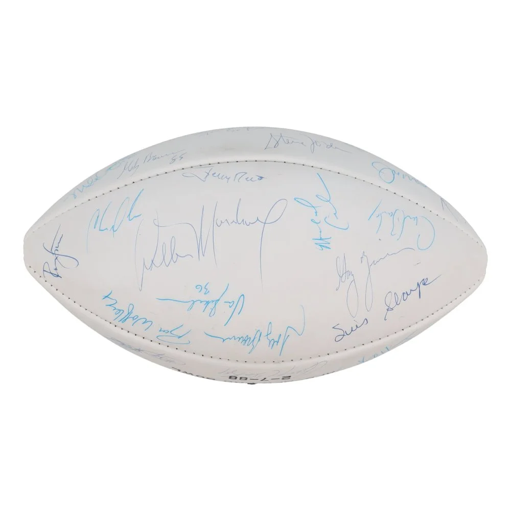 White NFC Pro Bowl football signed by 32 NFL legends with blue and black ink signatures