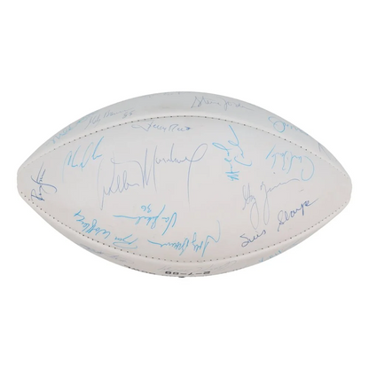 White NFC Pro Bowl football signed by 32 NFL legends with blue and black ink signatures