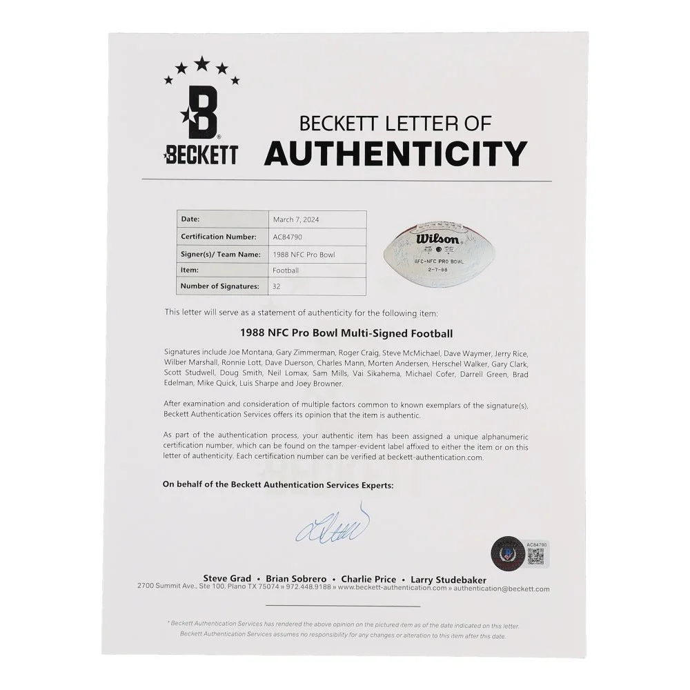 Beckett Letter of Authenticity for 1988 NFC Pro Bowl Football signed by NFL legends