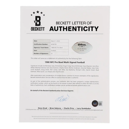 Beckett Letter of Authenticity for 1988 NFC Pro Bowl Football signed by NFL legends