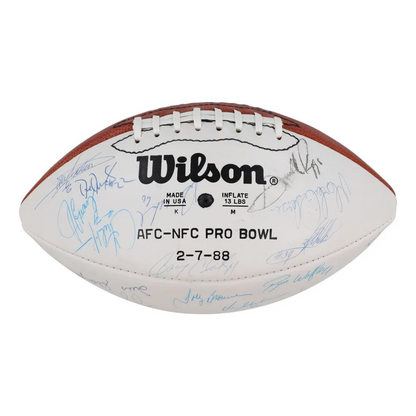White leather NFC Pro Bowl football signed by 32 NFL legends for collectors