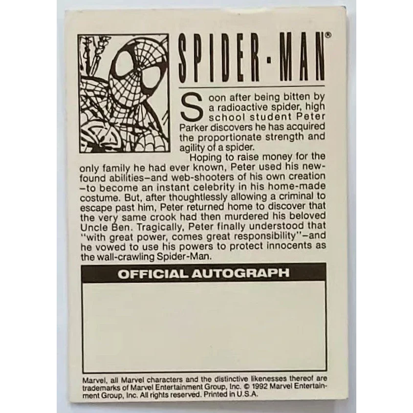 Black and white Spider-Man promo card from 1992 Marvel Comics