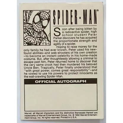 Black and white Spider-Man promo card from 1992 Marvel Comics