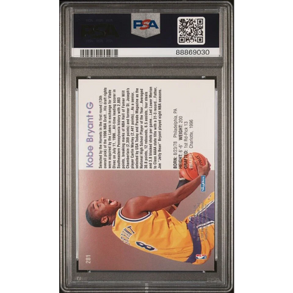 Kobe Bryant 1996 Hoops Rookie Card with player in yellow and purple jersey