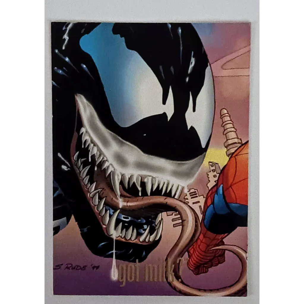 Black and white Venom mask on 1999 Marvel milk promo card in toploader