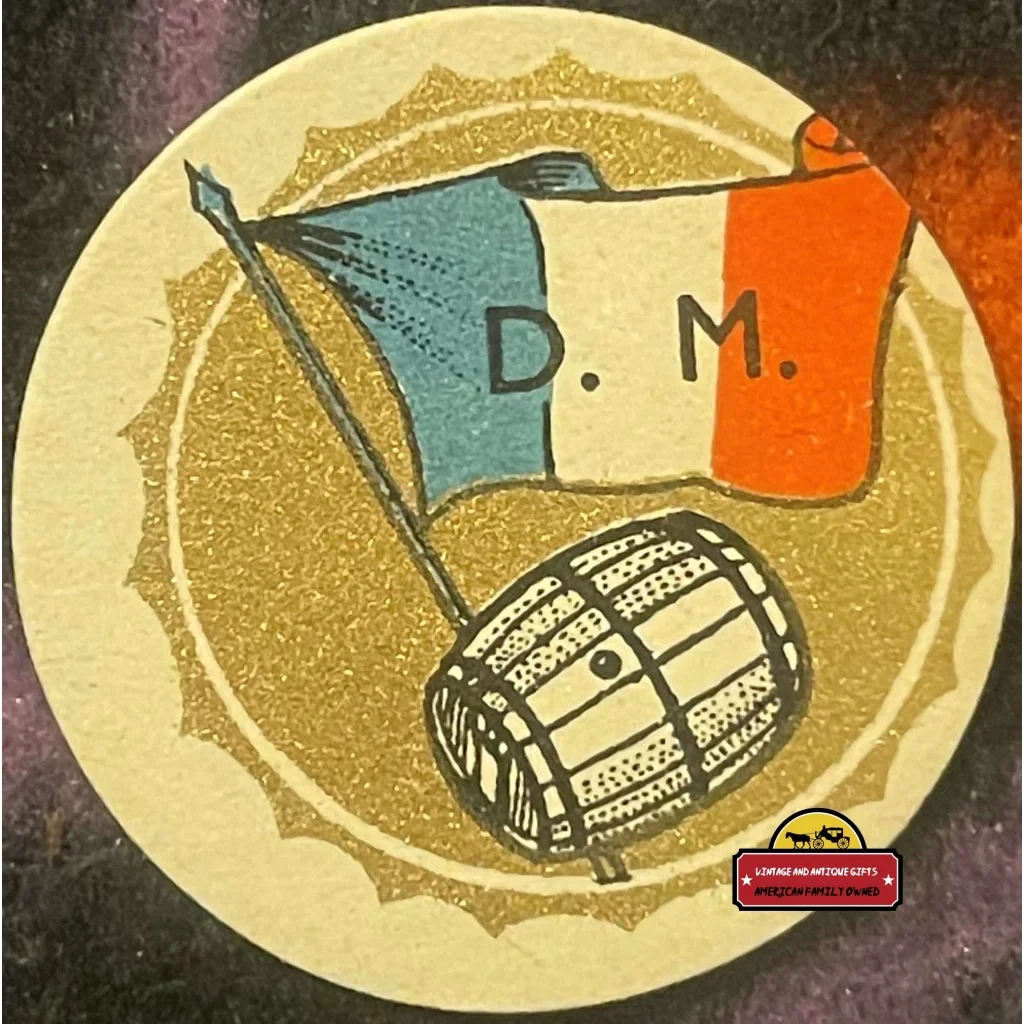 Circular beer coaster with a flag, barrel, and D.M. text from Antique Vintage Wine Barrel Labels