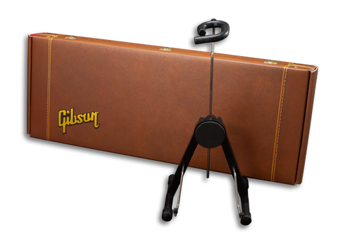 Brown leather Gibson case with gold stitching for Axe Heaven Les Paul Sunburst scale mini guitar