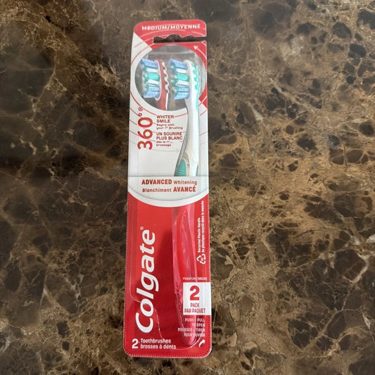 2 Colgate 360 advanced optic white medium toothbrushes in red white package