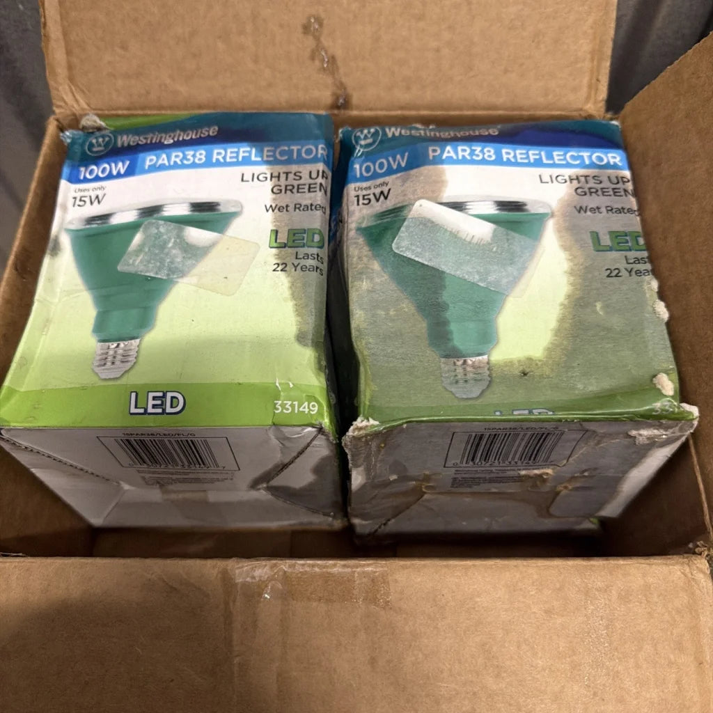 2 pack Westinghouse 15 watt green PAR38 LED bulb in packaging