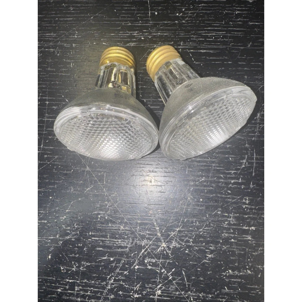 Two clear glass 50PAR20/H/FL replacement light bulbs with gold screw bases
