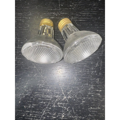 Two clear glass 50PAR20/H/FL replacement light bulbs with gold screw bases