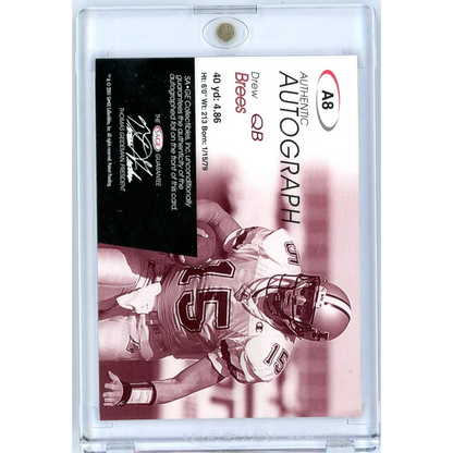 Sepia-toned 2001 Sage Drew Brees rookie autograph card #A8/749 in case