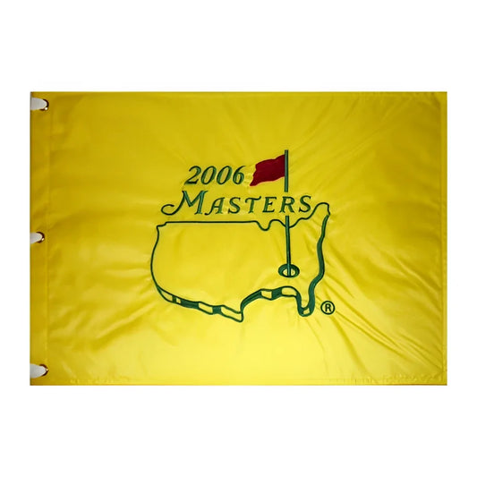2006 Masters golf pin flag with yellow design, green course outline, red flag, Phil Mickelson