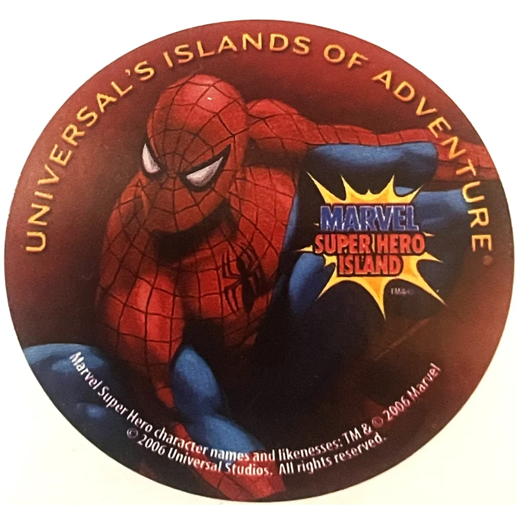 Circular Spider-Man button promoting Universal Studios’ Superhero Island in 2006 stickers