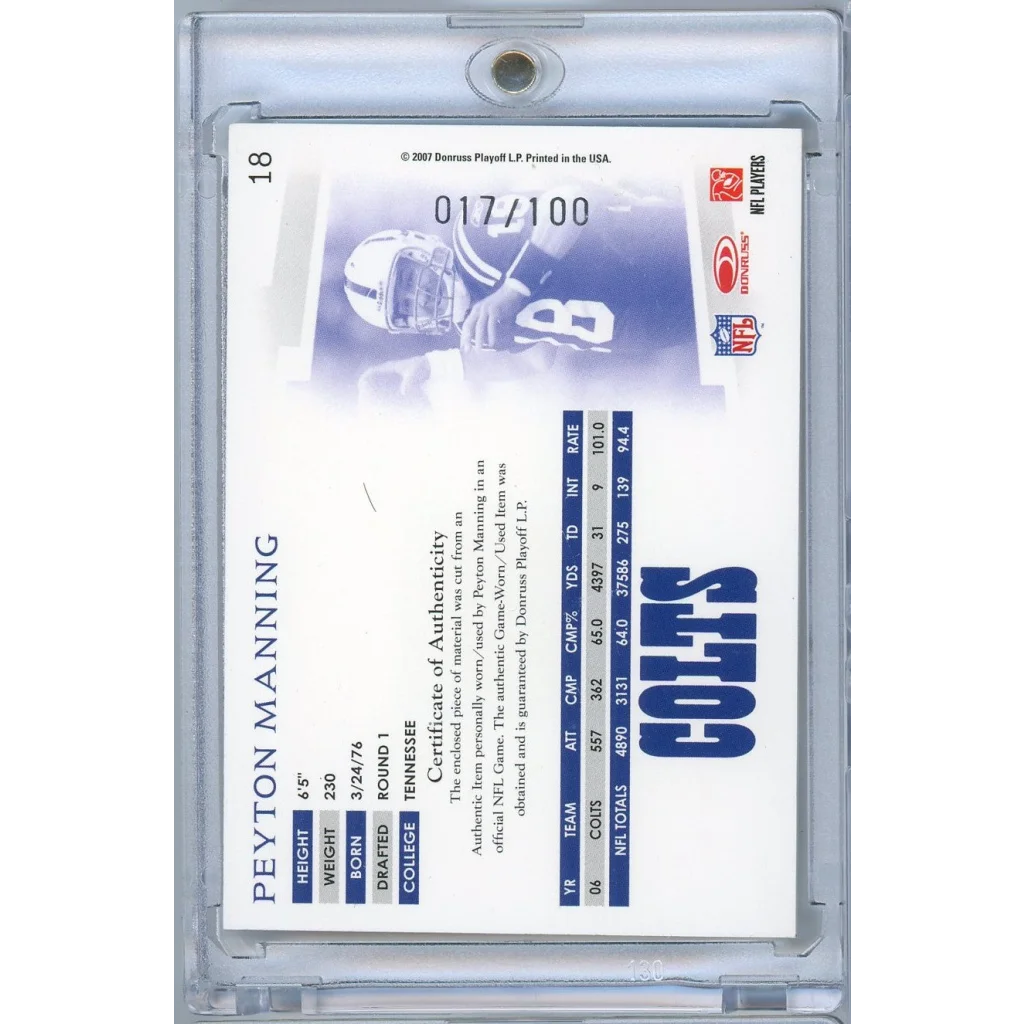 2007 Donruss Threads Peyton Manning #18 /100 Player Worn Relic Football Card | Limited Edition /100 Relic Football Card | vintageantiquesgifts.com