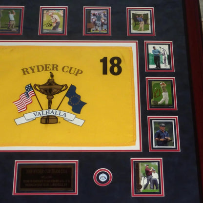 Yellow Ryder Cup flag with gold emblem, Team USA crossed flags, number 18