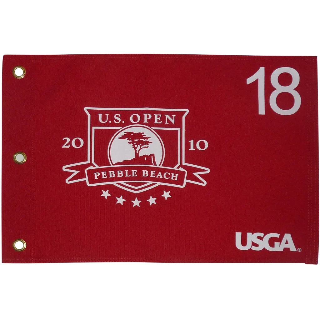 Red fabric golf pin flag with white embroidered 2010 U.S. Open logo for Pebble Beach champion Graeme McDowell