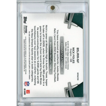 2012 Bowman Sterling Blue Refractor Nick Foles #BSJRRNF /99 Player Worn Relic Patch Rookie RC Football Card | Limited Edition /99 Player Worn Relic Patch Rookie Football Card | vintageantiquesgifts.com
