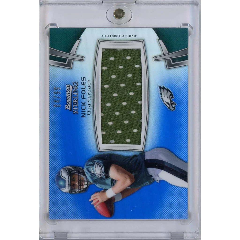 2012 Bowman Sterling Blue Refractor Nick Foles #BSJRRNF /99 Player Worn Relic Patch Rookie RC Football Card | Hall of Fame Sports Memorabilia | vintageantiquesgifts.com