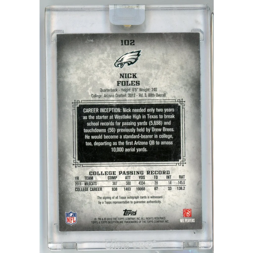 Authentic Nick Foles Eagles football card with third party authentication for collectors