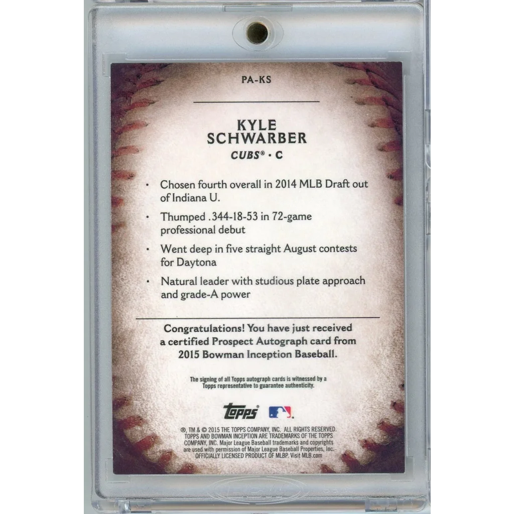 2015 Bowman Inception Kyle Schwarber #PA-KS /150 Auto Rookie RC Baseball Card | Certified Authentic Signed Memorabilia | vintageantiquesgifts.com