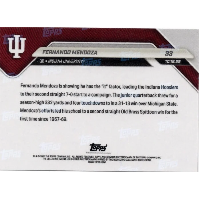 2015 Topps Fernando Mendoza Indiana Football Card #33 Red White IU Design