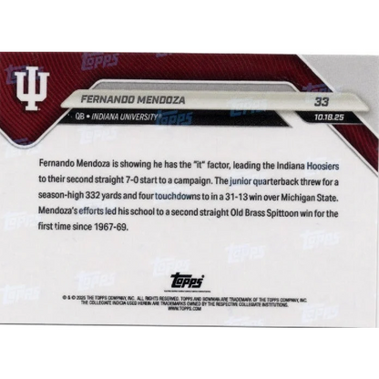 2015 Topps Fernando Mendoza Indiana Football Card #33 Red White IU Design