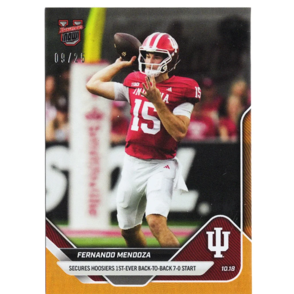 Red white adidas jersey number 15 on 2015 Topps Fernando Mendoza Indiana football card