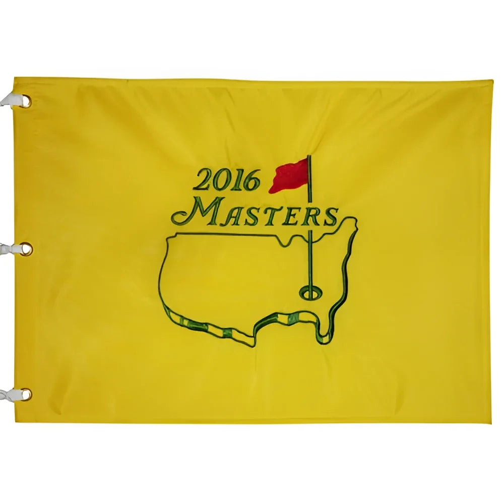 Bright yellow 2016 masters embroidered golf pin flag featuring danny willett champion logo on augusta national map