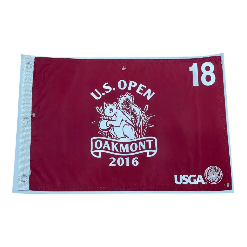 2016 US Open Oakmont golf pin flag, burgundy Dustin Johnson 18