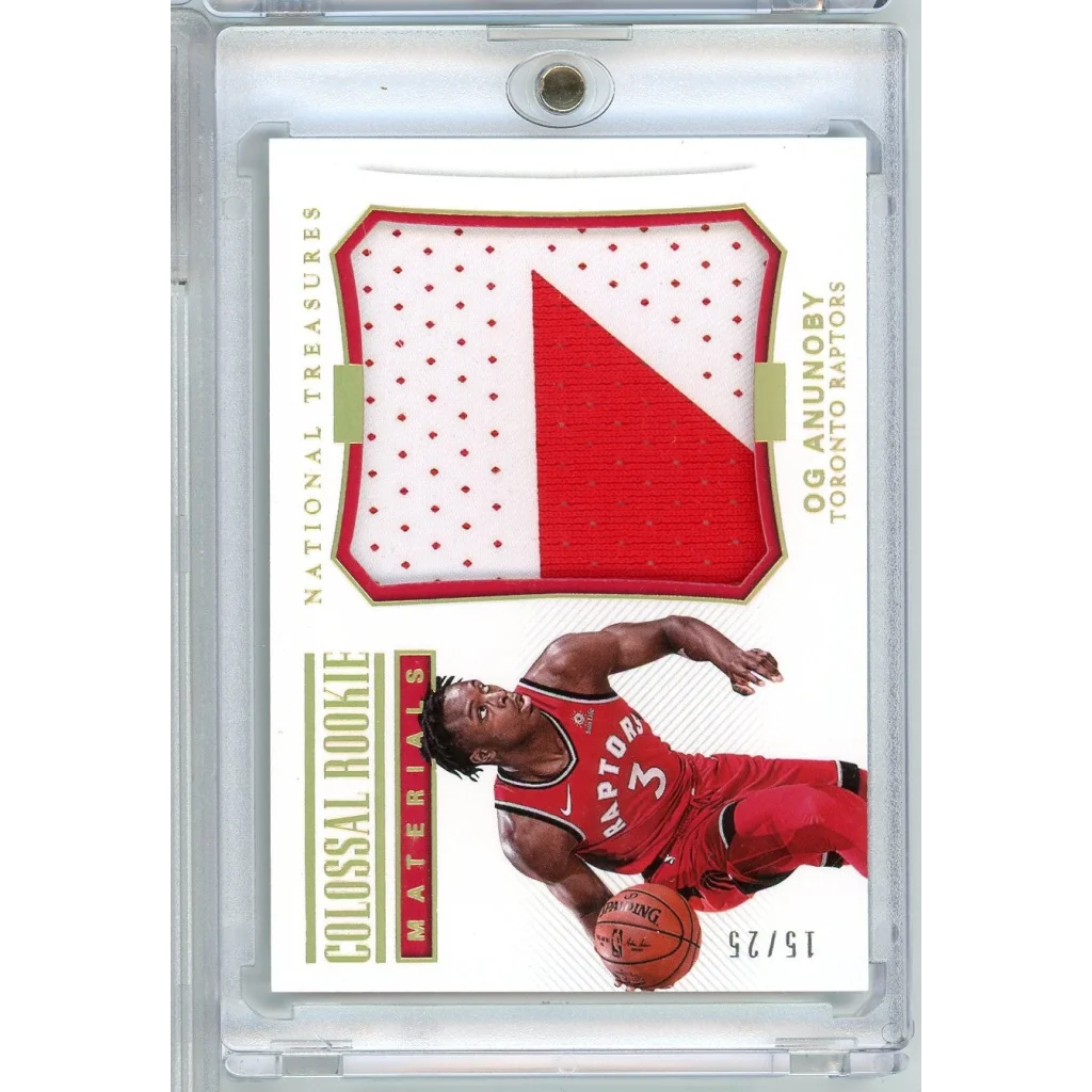 Red white Toronto Raptors perforated jersey patch gold trim on OG Anunoby relic card